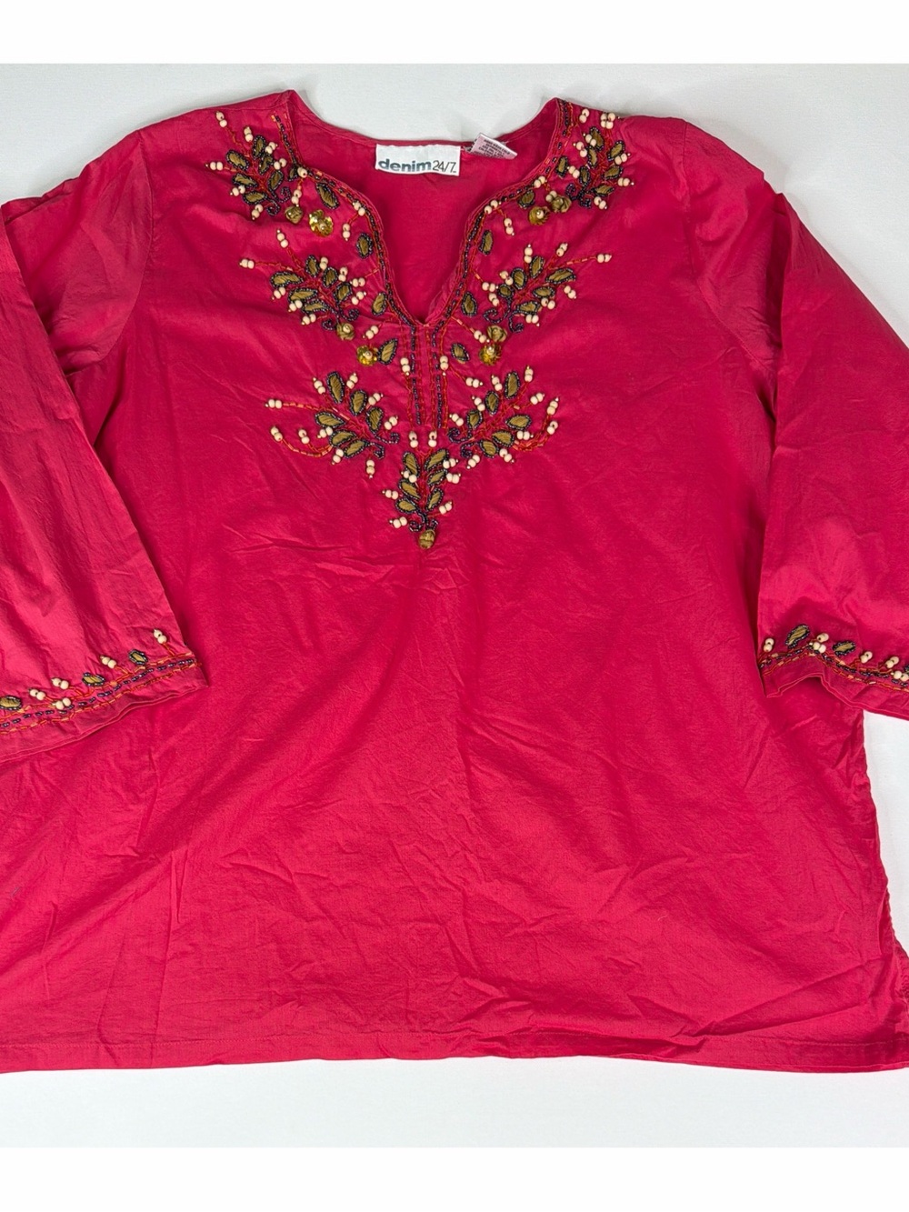 denim 24/7 Pink Embroidered 100% a cotton V-Neck Women's Top